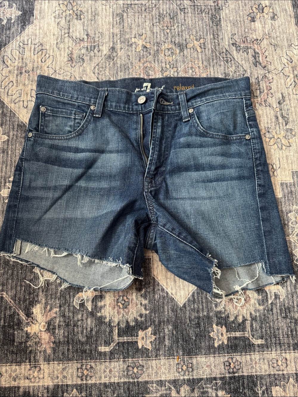 7 For All Mankind Dark Blue Distressed Denim Shorts